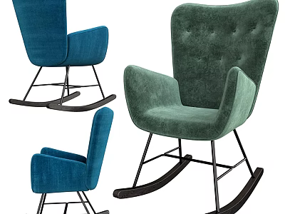 Elegant Tufted Velvet Blue and Green Rocking Chair with Black Metal Frame Design 3d model