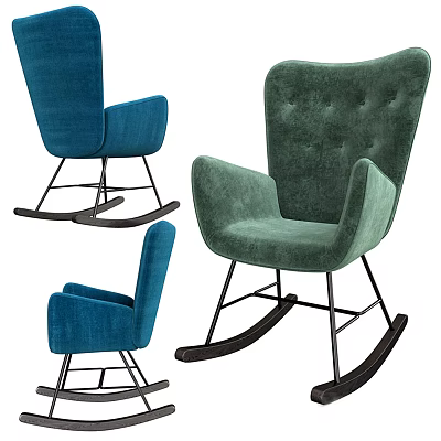 Elegant Tufted Velvet Blue and Green Rocking Chair with Black Metal Frame Design 3d model