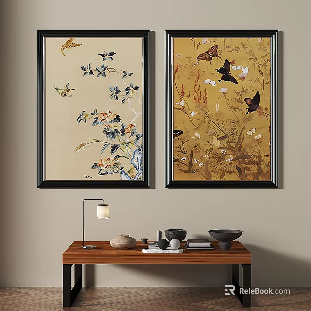 Botanical Paintings With Flowers Butterflies Birds On Wall 3d model 