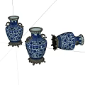 Elegant Blue And White Ceramic Vases With Brass Bases And Intricate Patterns