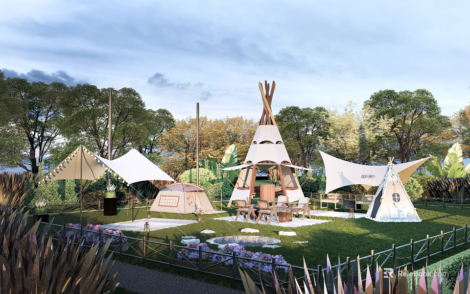 Scenic Garden Landscape With Tepees Green Lawn Trees Purple Flowers And Outdoor Seating Area 3d model 