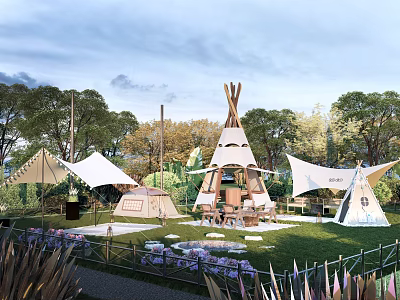 Scenic Garden Landscape With Tepees Green Lawn Trees Purple Flowers And Outdoor Seating Area 3d model