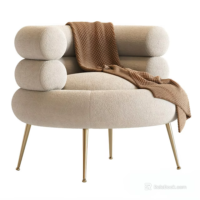 Plush Beige Accent Chair With Rounded Arms Golden Metal Legs And Brown Blanket 3d model 