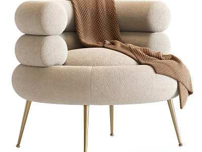 Plush Beige Accent Chair With Rounded Arms Golden Metal Legs And Brown Blanket 3d model