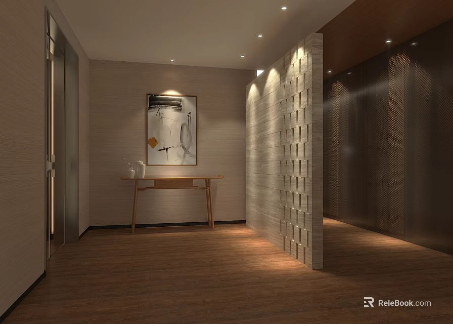 Modern Hotel Corridor With Wooden Flooring Decorative Painting Console Table Textured Wall And Recessed Lighting 3d model 