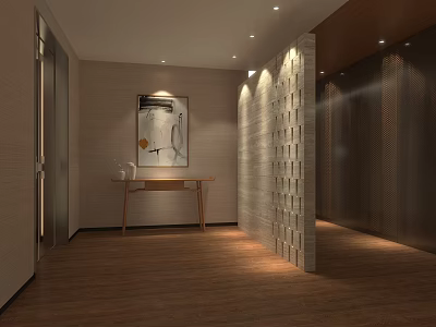 Modern Hotel Corridor With Wooden Flooring Decorative Painting Console Table Textured Wall And Recessed Lighting 3d model