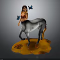 Female Centaur Character with Horse Lower Body Surrounded by Blue Butterflies on Orange Ground