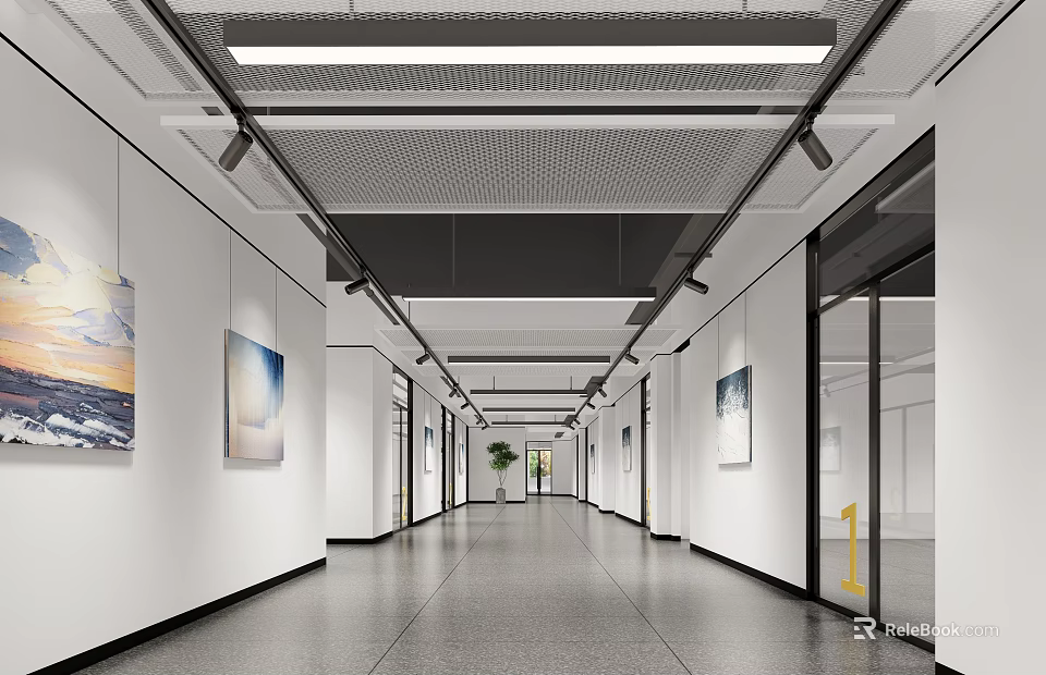 Modern Elevator Corridor Interior Featuring Art Paintings And Green Plants 3d model 