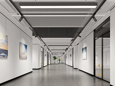 Modern Elevator Corridor Interior Featuring Art Paintings And Green Plants 3d model