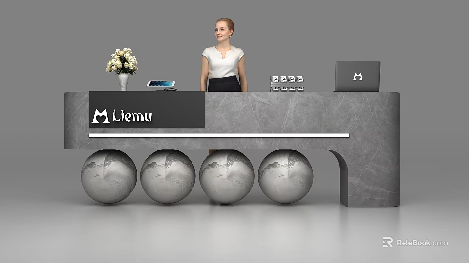 Modern Liemu Reception Desk With Marble Top Spherical Supports And Flower Vase 3d model 