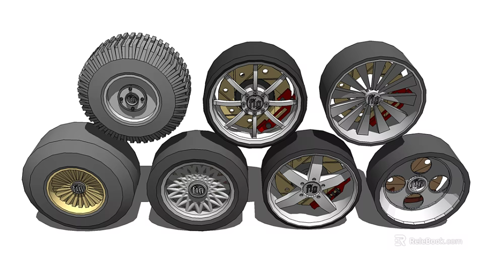 Various Car Tires With Different Wheel Rim Designs And Stylish Spoke Patterns 3d model