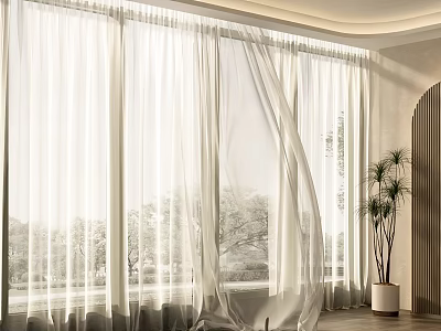 White Sheer Curtains Enhancing Modern Interior With Natural Light And Potted Plant 3d model