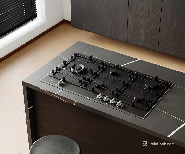 Modern Kitchen Gas Stove on Sleek Black Countertop with Dark Cabinets and Contemporary Interior 3d model 