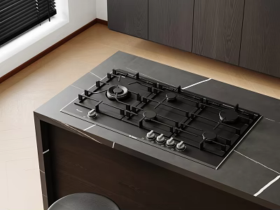 Modern Kitchen Gas Stove on Sleek Black Countertop with Dark Cabinets and Contemporary Interior 3d model