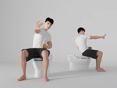 Man In White T-shirt Black Shorts Sitting On Toilet Waving Hand Extending Arm 3d model