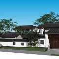 Chinese Style Semi Detached Villa With Traditional Roof White Walls Courtyard And Green Plants