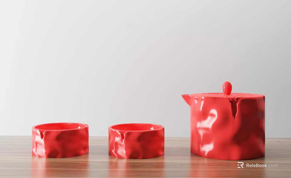 Red Ceramic Cups and Teapot on Wooden Tabletop with Light Gray Background 3d model 