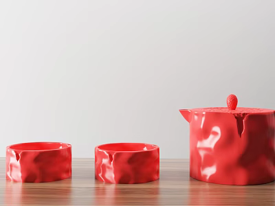 Red Ceramic Cups and Teapot on Wooden Tabletop with Light Gray Background 3d model