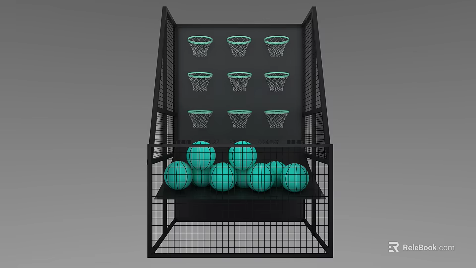 Sports Equipment for Basketball Training with Black Frame Multiple Green Hoops and Balls 3d model 