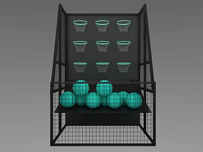 Sports Equipment for Basketball Training with Black Frame Multiple Green Hoops and Balls 3d model