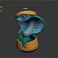 Colorful Cobra 3D Model In Woven Basket With Yellow Hat And Blue Green Body