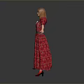 Red Haired Woman In Red Floral Dress With Silver Waist And Outstretched Arms Gray Background