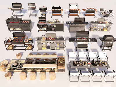 Campsite Outdoor Cooking Equipment With Barbecue Grills Food Carts And Dining Facilities 3d model