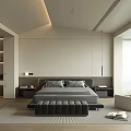 Modern Minimalist Bedroom Interior With Gray Bed Upholstered Bench Light Colored Walls And Reading Corner