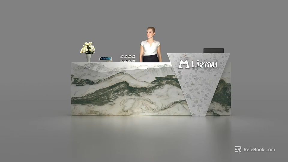 Modern Reception Desk With Marble Landscape Design Vase White Flowers Liema Logo And Receptionist 3d model 