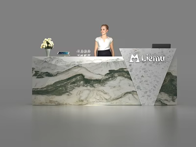 Modern Reception Desk With Marble Landscape Design Vase White Flowers Liema Logo And Receptionist 3d model