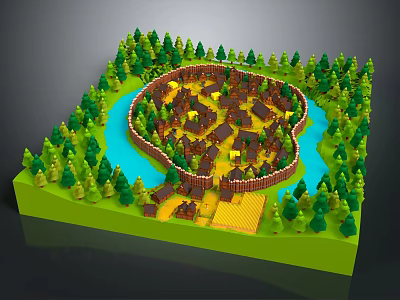 Cartoon Village Scene With Small Brown Houses Surrounded By Green Trees And Blue River 3d model