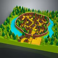Cartoon Village Scene With Small Brown Houses Surrounded By Green Trees And Blue River