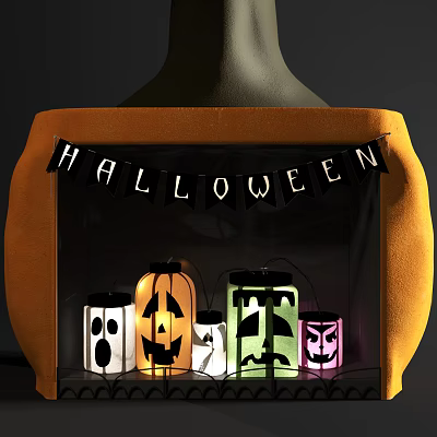 Halloween Themed Fireplace Featuring Black Banner And Colorful Pumpkin Lantern Decorations 3d model