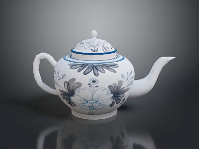 Ceramic Teapot Sculpture Carving With Blue And White Floral Patterns Lid Spout Handle 3d model