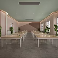 Bright School Classroom Featuring Neatly Arranged White Tables Chairs Potted Plants And Windows
