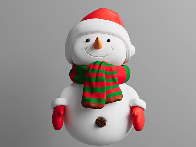 Festive Snowman With Red Santa Hat Green Red Striped Scarf Red Gloves And Brown Button 3d model