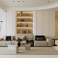Modern Living and Dining Room Interior With Beige Sofa Bookshelf And Area Rug