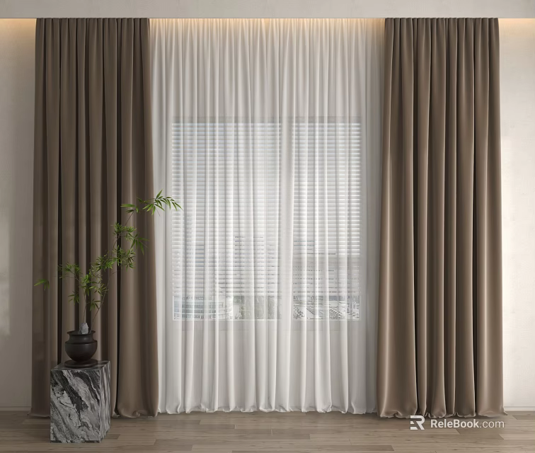 Brown Curtains With White Sheer Curtains And Window Blinds Accompanied By Plant On Marble Base 3d model 