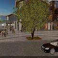 Vibrant Commercial Street with Modern Buildings Glass Facades Pedestrians Trees and Plaza Area