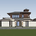 Elegant Detached Villa Exterior With Gray Roof Wooden Balconies And Large Windows