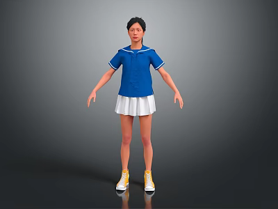 Woman in Blue Top and White Pleated Skirt with Yellow Sneakers Standing 3d model