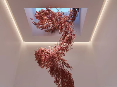 Red Hanging Sculpture With Branch Like Design From Ceiling Opening In White Room With Lighting 3d model