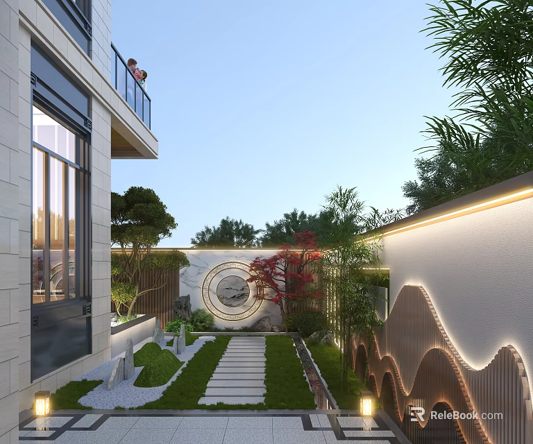 Modern Garden Landscape Featuring Stone Path Green Lawn Decorative Circular Elements And Lighting 3d model