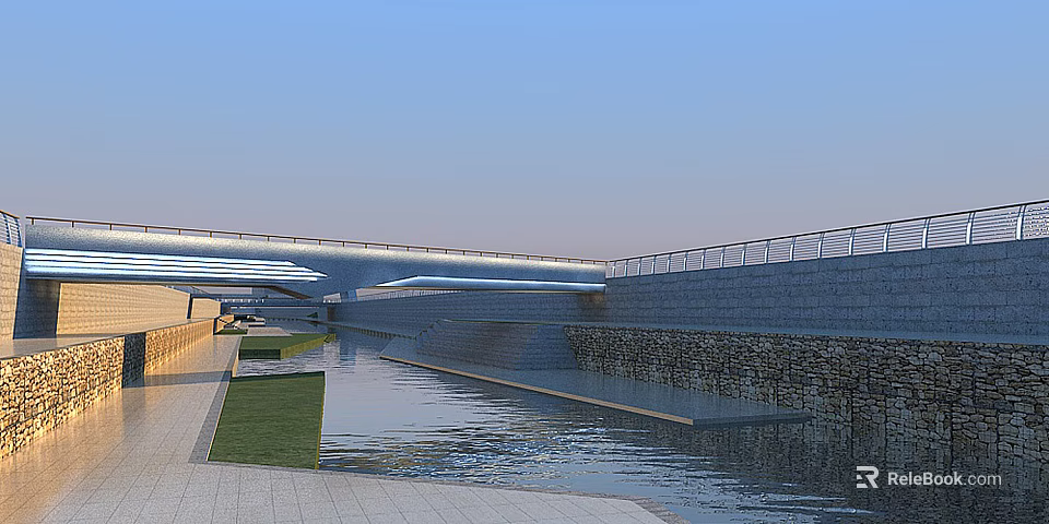 Modern Waterfront Landscape With Stone Walls Bridge Walking Path And Green Lawn 3d model 
