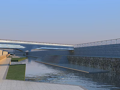 Modern Waterfront Landscape With Stone Walls Bridge Walking Path And Green Lawn 3d model