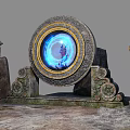 Cartoon Scene Of Floating Rock Island With Round Blue Device And Lava Glow