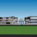 Modern Commercial Street With Glass Facades Open Plaza Trees And Paved Ground