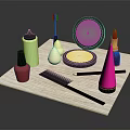 Various Beauty Cosmetics and Tools on Display Tray with Lipstick Mirror Brush and Comb