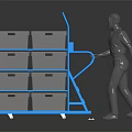 Blue Multi Layer Trolley With Gray Bins Being Pushed By Worker 3d model