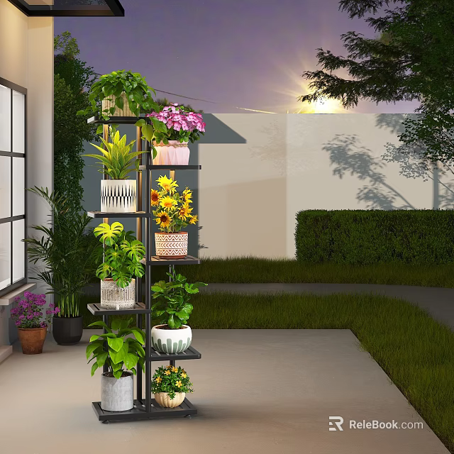 Courtyard Garden With Multi Tiered Plant Stand Various Plants Flowers Grass And Sunset Lighting 3d model 